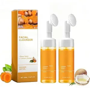 2 Pcs Turmeric Brightening Facial Cleanser, Deep Cleansing Skin Care Glow Wash Turmeric Foaming Face Wash with Brush.