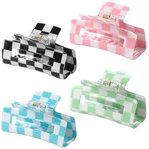 LuSeren 4 Pack 3 Inch colorful Hair Claw Clips for Women, Medium Rectangle Acetate Jaw Clips in Black, Pink,Green, Blue, Stylish Checkered Hair Accessories for Girls