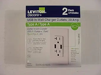 Leviton T5832-W Type-A USB in-Wall Charger with 20A Tamper-Resistant Outlet, USB Charger for Smartphones, White