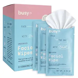 BusyCo Calm Face Wipes with Retinol, Squalane Oil & Honeysuckle, Facial Cleansing Wipes for Sensitive Skin, Moist Towelettes, Individually Wrapped, Unscented, 15 Count