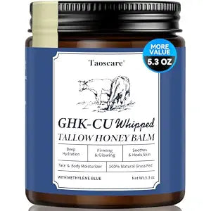 GHK-Cu Copper Peptide Whipped Beef Tallow for Skin, Tallow Balm with Methylene Blue, Manuka Honey & Vitamin E, Grass Fed Anti-Aging Face & Body Moisturizer for Mature, Dry & Sensitive Skin - 5.3oz