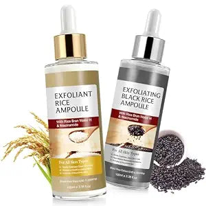 Black Rice Exfoliant and White Rice Peeling Ampoule, Rice Exfoliating Serum for Smoother, Brighter Skin, Rice Exfoliating Face & Body Scrub Dead Skin Remover, Gentle Skincare with Niacinamide