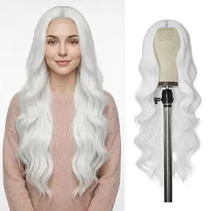 Long White Wig for Women-26 Inch Synthetic Fiber Curly Wavy Wig