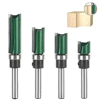 Pattern Flush Trim Bit 4 Pcs Router BitsTop Bearing Flush Trim Bits Set1/4 Inch Shank ,Cutting Length 15/32", 3/4", 1", 1-1/2"Template Guide Woodworking Milling Cutter Tool