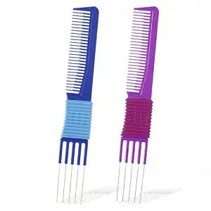 2PCS Metal Pick Comb, Blue Purple Hair Comb with Prong, Lift Teasing Combs for Women Men, Hair Salon Styling, Fluffing, Fine Hairs