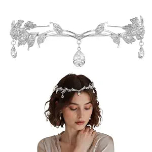 Fairy Crown, Silver Headpiece, Crystal Rhinestone Circlet Headband, Leaf Design Medieval Tiara, Elven Forehead Jewelry, Bridal Wedding, Prom Party, Women