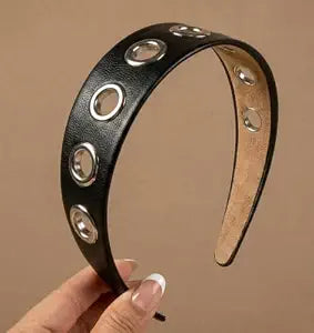 Huachi Grommet Headband for Women Trendy Y2K Aceessories: 1.5 inch Wide Headband with holes, Eyelets Punk Grunge Thick Hairband Black