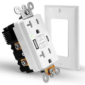White 20A GFCI Outlet with USB,Type C and USB A Fast Charger for Smartphone