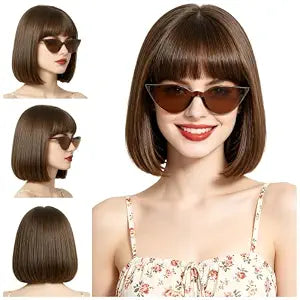 Short Bob Straight Hair Wigs with Bangs, Synthetic Fiber Colorful Hair, Cat Eye Glasses for Women (Dark Brown)