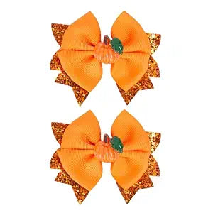 Thanksgiving Pumpkin Hair Bows for Girls, Orange Fall Hair Clips Handmade Grosgrain Hair Bow Metal Alligator Clips Hair Accessory for Thanksgiving Fall Holiday Halloween Festive
