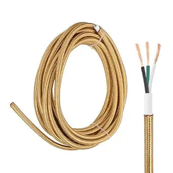 uxcell 15Ft Cloth Covered Lamp Wire, UL Listed 18AWG 3 Conductor Fabric Vintage Industrial Cord, 300V SVT Braided Electrical Wire for DIY Lamp Parts Lighting Project, Light Gold