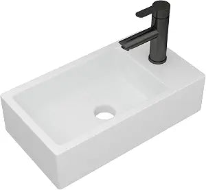 18'' Floating Bathroom Sink with Black Faucet- 18"x10" Rectangle Ceramic Porcelain Wall Hung Bathroom Sink with Black Towel Rack Overflow Combo Wallmount Sinks