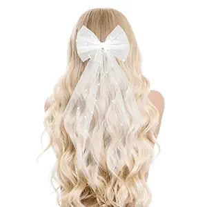 Bridal Pearl Hair Bow Veil Bridesmaid Large Hair Bow Wedding Veil with Barrette Bachelorette Party Decorations Bridal Bridesmaid Gift (White)