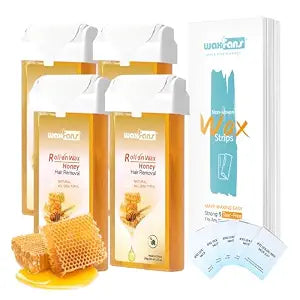 Waxfans Roll On Wax Refill,Waxing Roller Refill for Hair Removal,100% Natural,Quick Melting - For Coarse and Fine Hairs.with 3.53 Ounce(Pack of 4) Honey Wax Rollers, 50 Strips(Orange)
