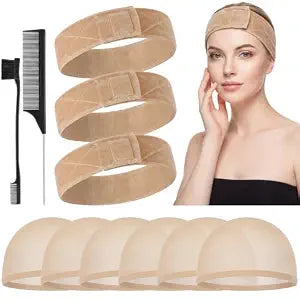 obeoby Wig Grip Band And Caps Set, Adjustable Velvet, 3 Bands + 6 Caps