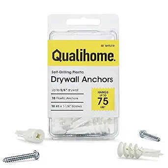 Qualihome Drywall Anchors with Screws  Self Drilling Anchors for Drywall, Anti-Spin Grip, No Pre-Drill Wall Anchor Kit, Strong & Reliable Hold, 10 Pack (20 Pieces)