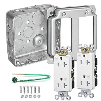 Outlet Box Kit, Double Rocker/GFI Cover, Includes Sixteen Knockouts 4x4 Drawn Metal Electrical Box, 2 Tamper Resistant 20 Amp Decorator Duplex Outlets