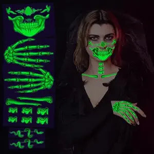 HOWAF 6 PCS Glow in The Dark Skeleton Face Tattoo, Skeleton Face Bone Hand Snake, Skull Halloween Temporary Tattoos, Day Of The Dead Face Tattoo for Halloween Cosplay Costume Body Makeup Accessories
