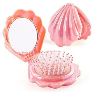 Iridescent Shell Folding Hair Brush with Mirror, Compact Travel Size Mermaid Hair Brush for Purse, Portable Brush Mini Pocket Mirror Massage Comb for Women (PINK)