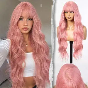 Bubblegum Pink Wig With Bangs 28'' Long Wavy PuffPro Voluminous High Crown Wigs for Women,3x4''Parting Realistic Scalp,Mob Wife Aesthetic/Clean Girl/Office Siren/Old Money Styles