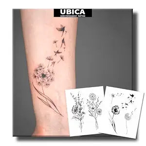 Semi Permanent Tattoo, 2 Sheets Realistic Lasting 2 Weeks Dandelion Floral Temporary Fake Tattoos For Women Arm, Sunflower Hydrangea For Women Adults Girls, Waterproof and Non-Reflective