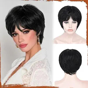 SOFEIYAN Pixie Cut Wig - Short Black Pixie Haircut Wig with Bangs Glueless Layered Synthetic Hair Wigs for Women Soft Heat Resistant Natural Looking Wavy Wigs for Daily Party Use