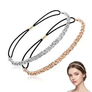 2 Pcs Rhinestone Headbands for Women, Gold & Silver Crystal Hair Chains