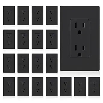 ELEGRP Matte Black Standard Decorator Electrical Wall Receptacle Outlet, 15A 125V, 2 Pole 3 Wire, Non-Tamper Resistant, NEMA 5-15R, Self-Grounding, Wall Plate Included, UL Listed, 20 Pack