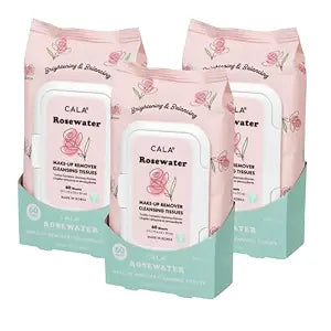 CALA Makeup Remover Cleansing Tissues: RoseWater (60 Sheets) - Gentle, Hydrating, and Effective Makeup Removal for All Skin Types (60ct Pack of 3)