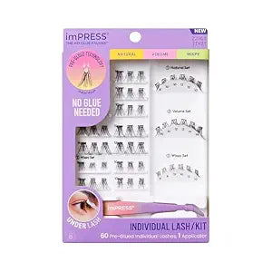 Kiss Impress Individual Lash Kit Pre-Glued Lash Clusters Kit, Natural/Volume/Wispy, Black, 60 False Eyelashes