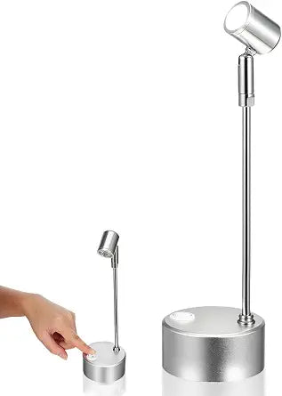 Tofficu LED Spotlight for Display Case, Cordless Battery Operated Standing Accent Light, Small Tabletop Spot Lights Indoor for Jewelry Showcase, Shelf, Art and Collectibles, Silver