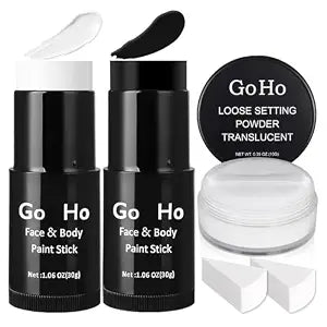 Go Ho White&Black Face Paint Stick with Setting Powder,2 PCS Sponges Set