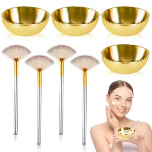 8 Pcs Gold Facial Bowl and Brush Set 4 Gold Stainless Steel Mixing Bowls 4 Facial Fan Brushes Esthetician Face Mask Brush for Mud Cream Makeup Spa Salon (8 Pcs)
