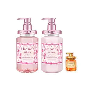 &honey Deep Moist Sakura Shampoo + Treatment Set 440mL+445g/14.87.fl. Oz+15.69 Oz Moisturizing Hair Care Dry Damaged Hair Blend of Natural Honeys & Argan Oil (with exclusive sticker)