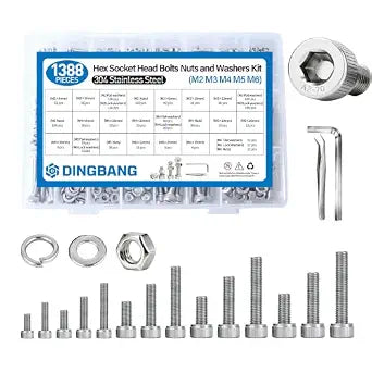 1388Pcs (M2 M3 M4 M5 M6) Metric Screw Assortment Kit,304 Stainless Steel Hex Socket Head Cap Assorted Nuts Bolts and Flat Washers Kit,Hardware Set for 3D Printer,Home Furniture,Industrial Uses etc