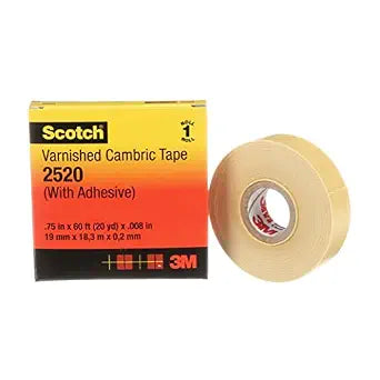 3M Scotch Varnished Cambric Tape 2520, 3/4 in x 60 ft, 1 Roll, Yellow