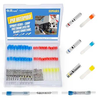 JRready ST6581 Heat Shrink Butt Splice Kit Wire Crimp Butt Connectors IP68 Waterproof MiniSeal 26-12AWG Blue Yellow Red Connector Tinned Copper M81824/1 PE Insulation Sleeves Marine Electrical 50Pairs