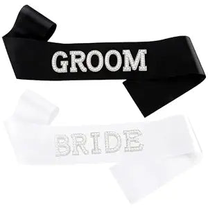 KICOSY 2Pcs Pearl Bride and Groom Sash - White BRIDE Sash & Black GROOM Sash for Bachelorette Party, Hen Party, Wedding, Bridal Shower & Engagement Favors