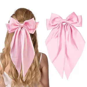Silky Satin Hair Bows for Women Big Pink Bow Hair Clips for Girls Large Hair Barrettes Cute with Long Tails Party Hair Accessories for Thick & Thin Hair（pink）