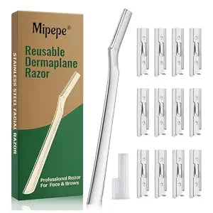 Professional Dermaplane Razor for Women Face, Reusable Metal Dermaplaning Tool with 12 Blades, Premium Face Razor and Eyebrow Razor, Facial Hair Remover & Peach Fuzz Remover (Silver)