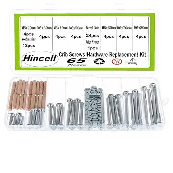 Crib Screws Hardware Replacement Kit - Hincell 65pcs M6x20/30/40/50/60/70/80 mm Hex Drive Socket Cap Screws Barrel Nuts,Crib Bolts &Barrel Nuts Replacement kit(Silver)