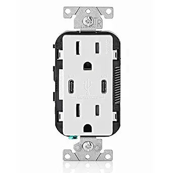 Leviton 30W (6A) USB Dual Type-C/C Power Delivery In-Wall Charger with 15A Tamper-Resistant Outlet, USB Charger for Smartphones, Tablets, Laptops, T5635-W, White