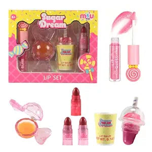 M&U MAKE YOU UP 5pc Sugar Dream Lip Gloss and Balm Set - Stackable Lipstick and Sweet Cup Shaped Balms, Non Toxic Fruity Makeup Kit, Birthday Party Favors for Girls