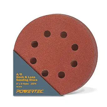 POWERTEC 25PK, 40 Grits, Sanding Discs 5 Inch - Hook and Loop, 5 Inch 8 Hole Aluminum Oxide Sandpaper Discs, Woodworking Sanding Pads for Random Orbital, Palm, Air, DA & Pneumatic Sander (45004)