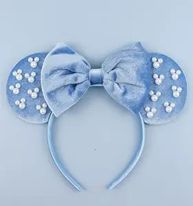 Mouse Ears Headband with Pearl, Princess Blue Velvet Mouse Ears Headbands for Halloween Costume, Princess Party Headwear Hair Accessories for Women Girls -Blue