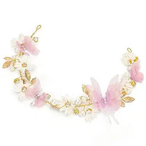 Vividsun Butterfly Headbands Flower Girl Hair Accessory with Pearls Butterfly Tiara for Christmas Birthday Cosplay Headpiece (Pink and gold)