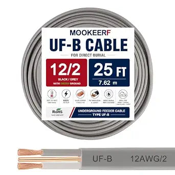 12/2 UF-B Wire - 25FT 12 Gauge Direct Burial Electrical Cable 100% Pure Copper 12AWG 2 Connector for Underground Feeder Wet or Corrosive Locations Indoor & Outdoor etc