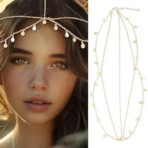 Gold Sequins Head Chain Jewelry,Festival Prom Costume Hair Accessories,Bridal Layered Hair Chain,Fashion Headbands Headpieces for Women and Girls