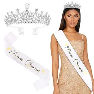 Prom Queen Sash and Tiara Set, Silver Crowns and White Sash - Graduation and Wedding Party Accessories