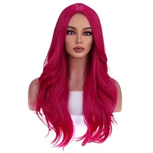 Hot Pink Wigs for Women Girls Middle Part Wig Long Pink Wig Heat Resistant Synthetic Curly Wavy Wigs for Cosplay Costume Party
